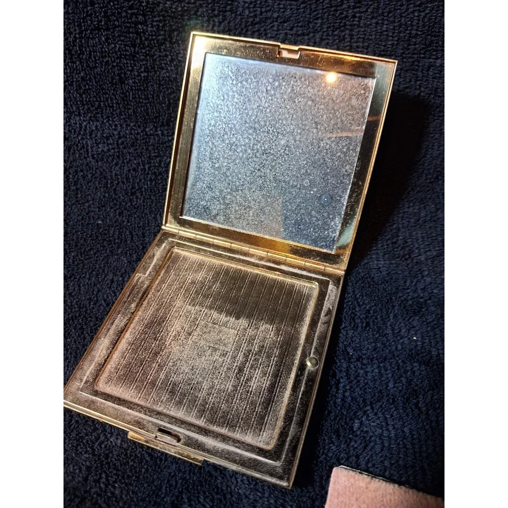 Vintage Elgin American Gold Tone Floral Etched Square Makeup Compact Mirror